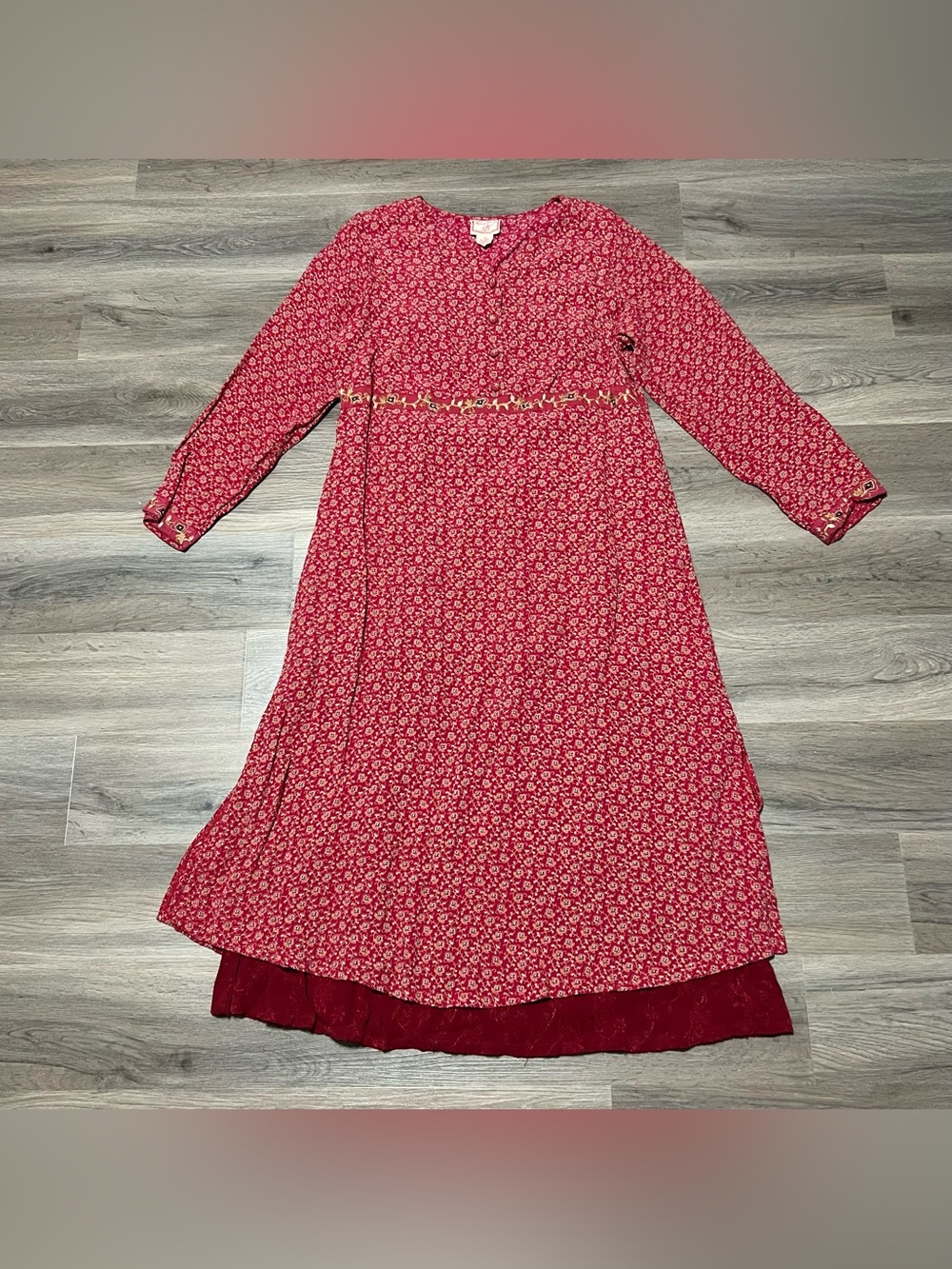 April Cornell Med Maxi Dress Red Floral Button Layered Cottage Coquette Boho VTG